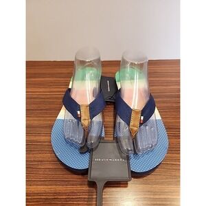NEW TOMMY HILFIGER Navy Polka Dots Striped Mens 10 Flip Flops